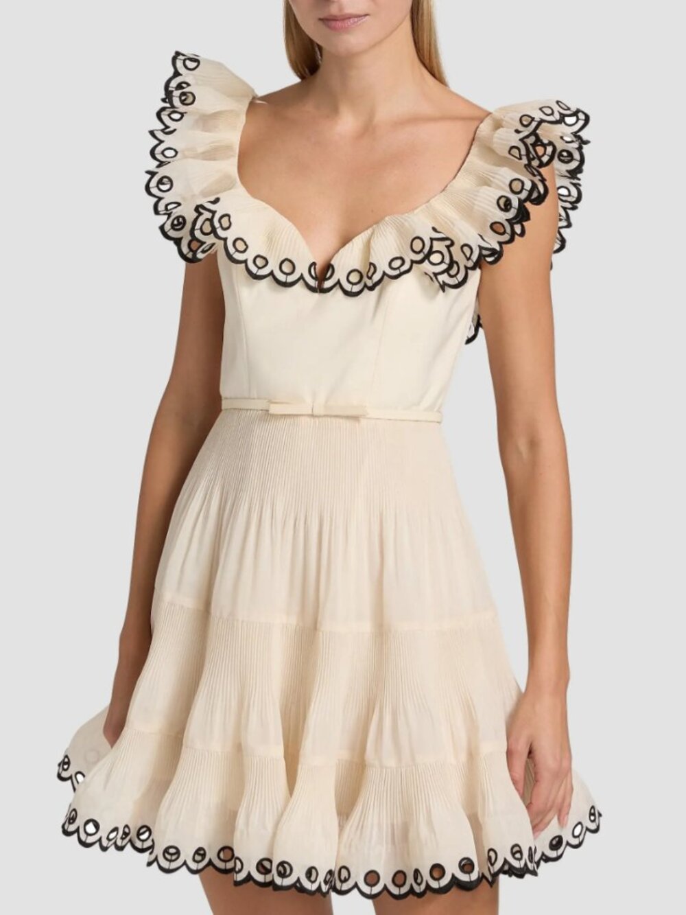 Zimmermann Embroidered Frilled Sweetheart Cream Mini Dress - Size US 4 - NWT